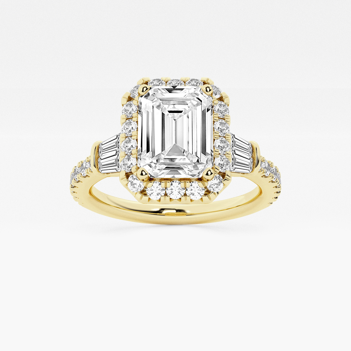 2 1/3 ctw Emerald Lab Grown Diamond Double Baguette Halo Engagement Ring