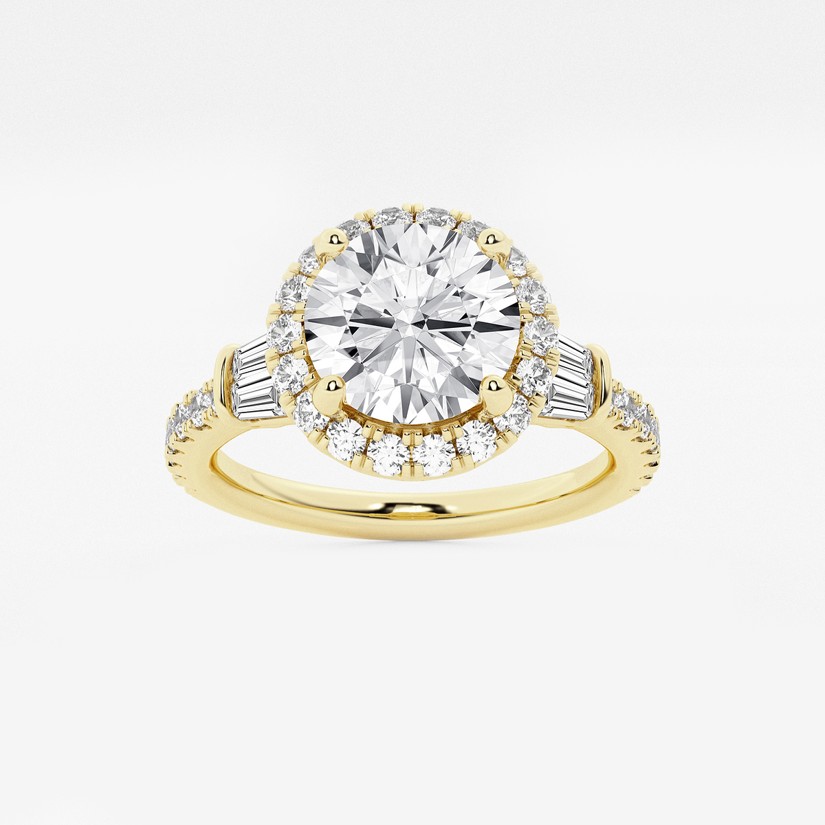 2 7/8 ctw Round Lab Grown Diamond Double Baguette Halo Engagement Ring