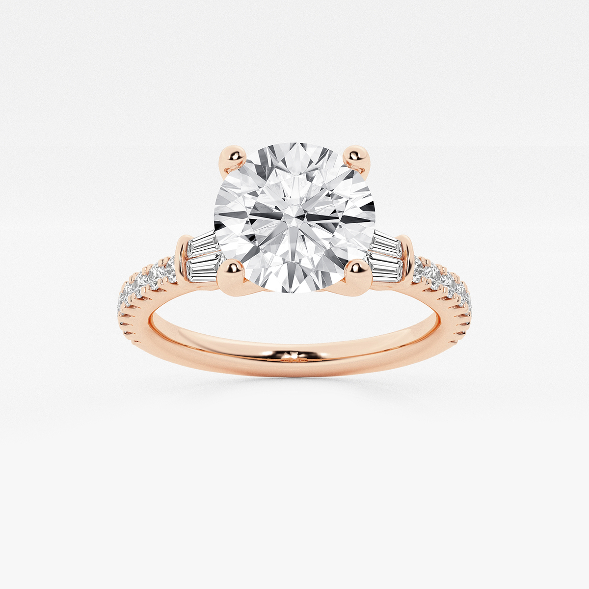 2 ctw Round Lab Grown Diamond Engagement Ring with Double Baguette Side Accents