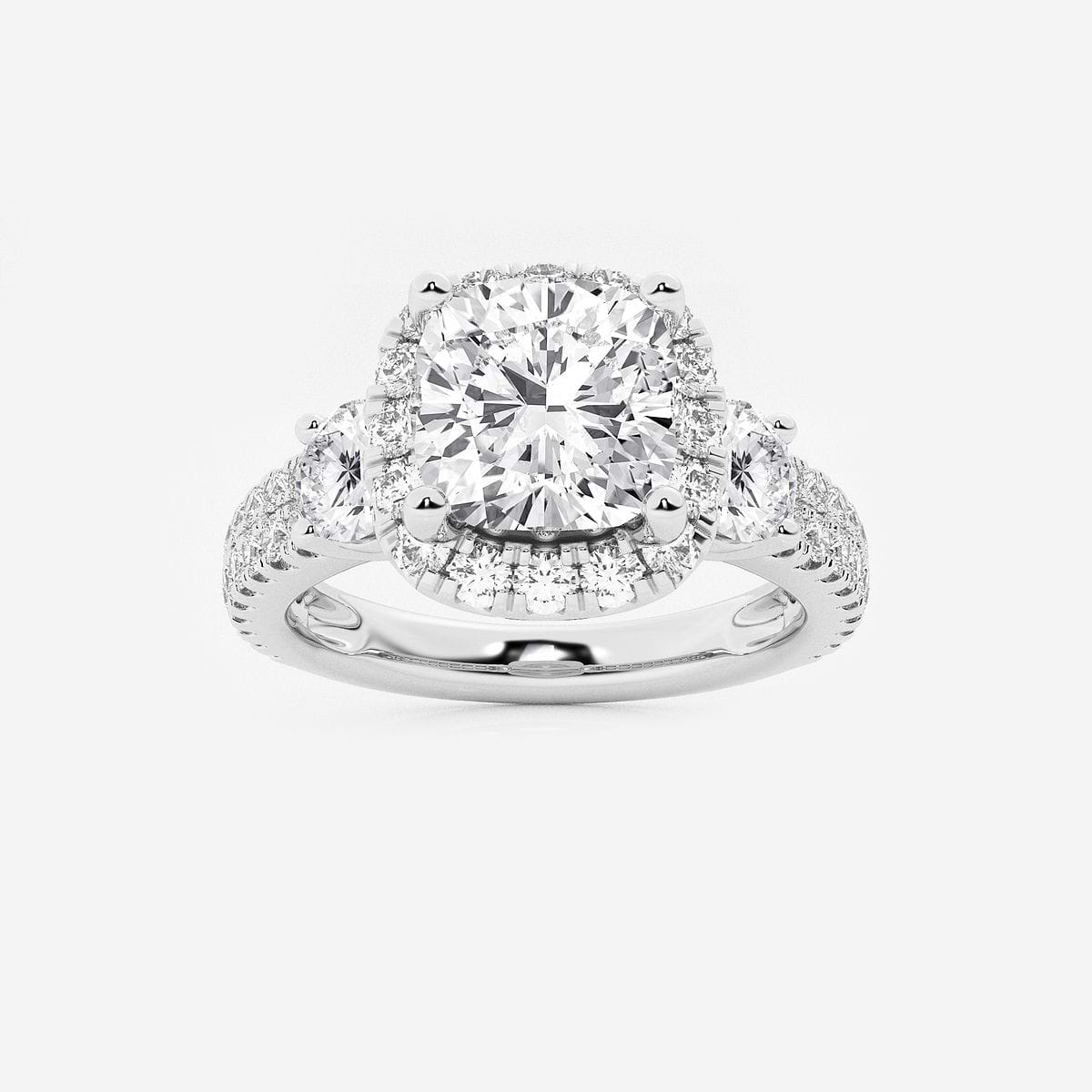 2 1/6 ctw Cushion Lab Grown Diamond Double Row Side Stones Halo Engagement Ring 14K White Gold, FG, VS2+