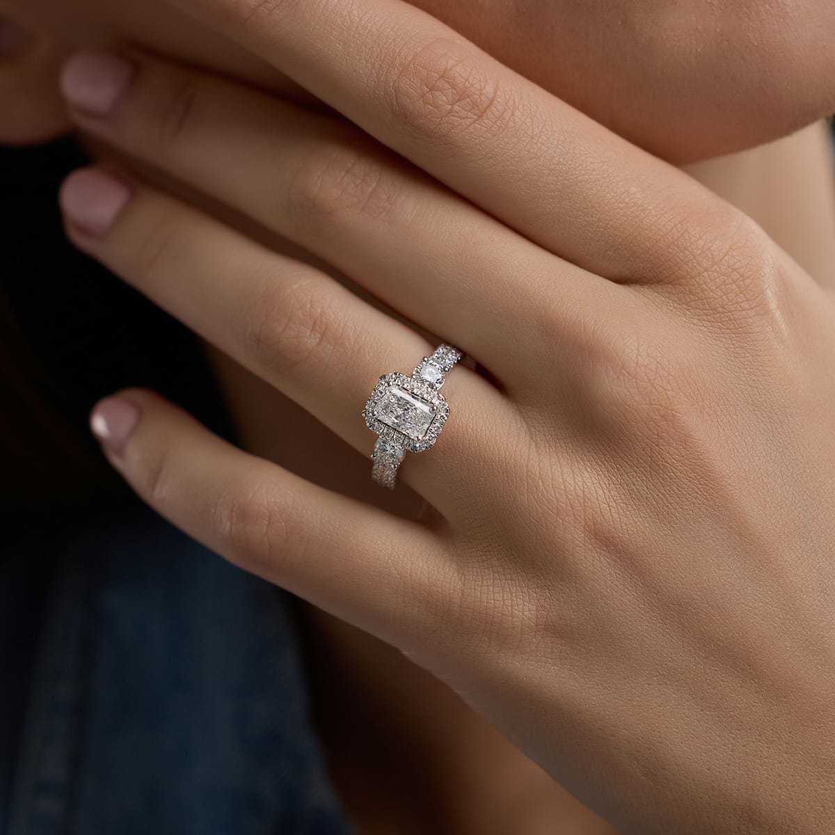 Additional Image 3 for  3 1/4 ctw Radiant Lab Grown Diamond Double Row Side Stones Halo Engagement Ring