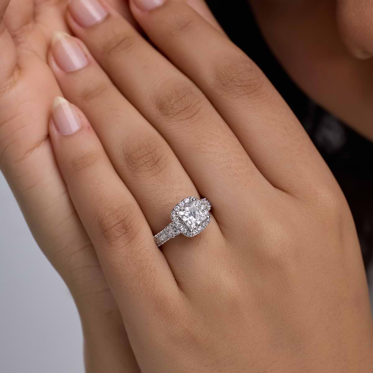 Marbella 2 1/6 ctw Cushion Lab Grown Diamond Double Row Side Stones Halo  Engagement Ring 14K White Gold, D, VVS, image size:1200x1200