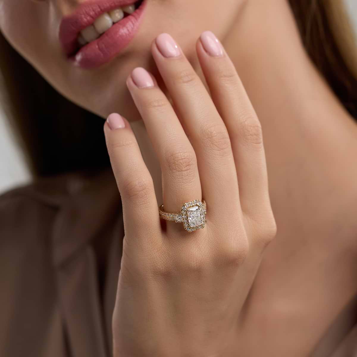 Additional Image 3 for  3 1/4 ctw Radiant Lab Grown Diamond Double Row Side Stones Halo Engagement Ring