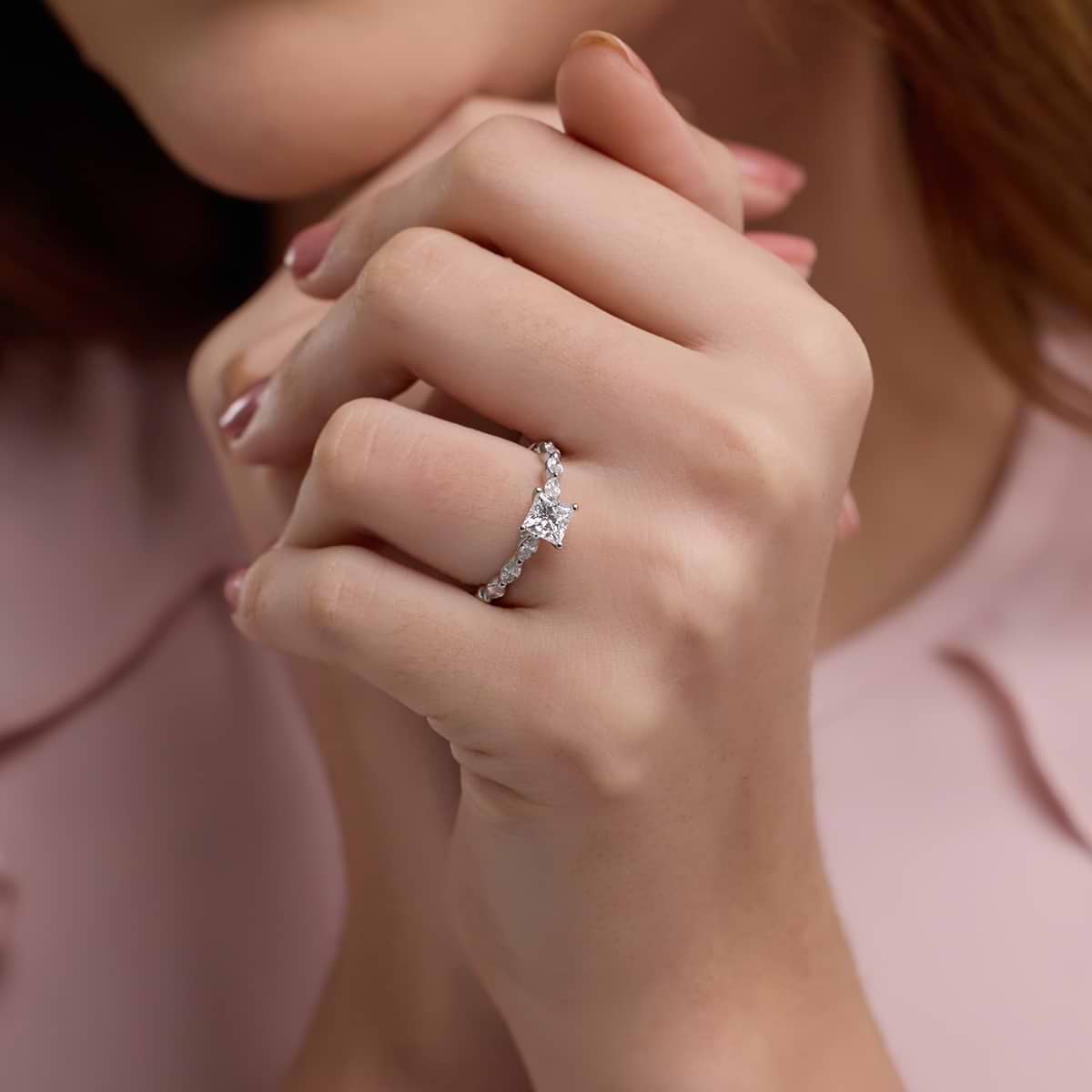 Additional Image 3 for  1 1/6 ctw Princess Lab Grown Diamond Engagement Ring with Floating Marquise Side Accents