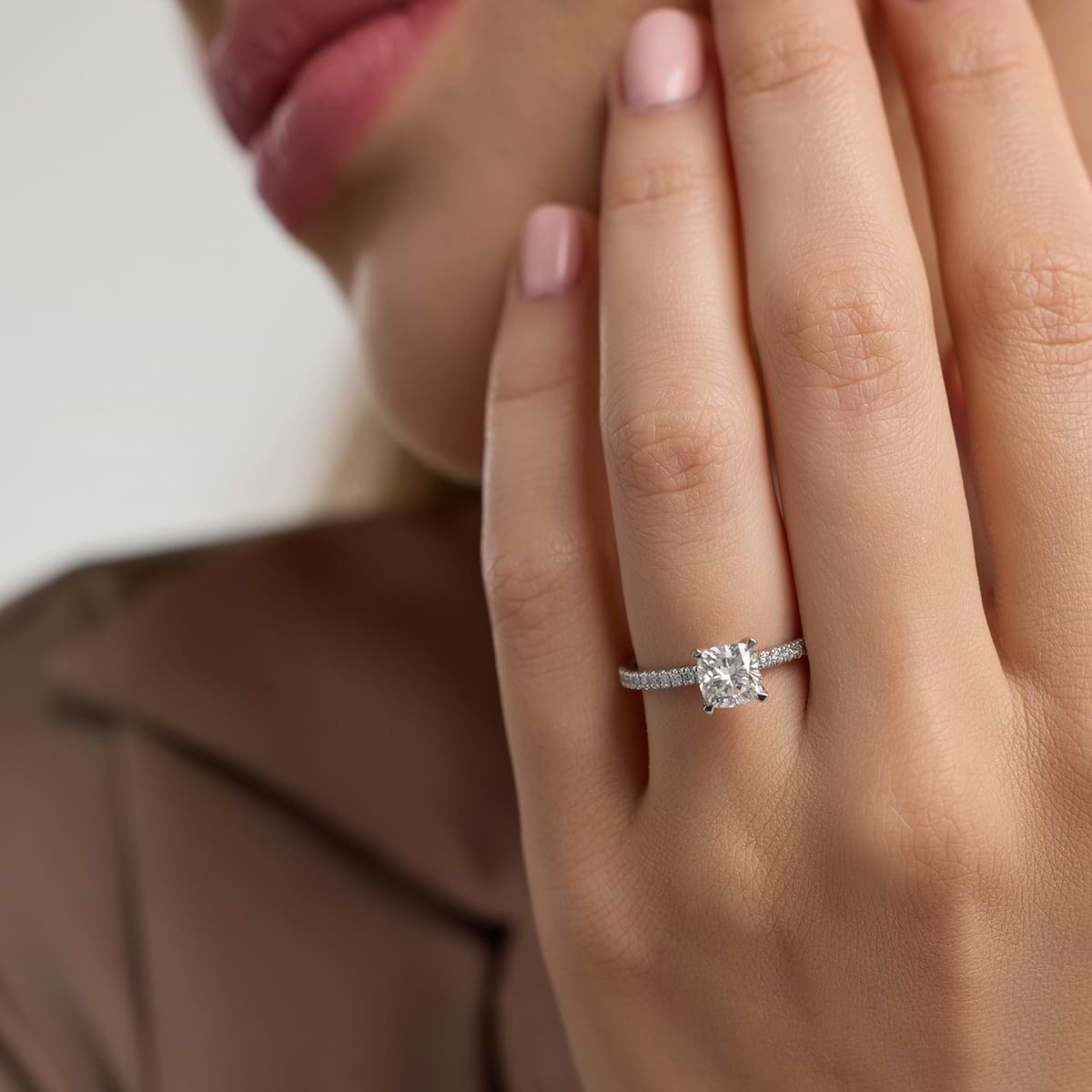 Additional Image 3 for  6 1/5 ctw Cushion Lab Grown Diamond Scalloped classic Pave Solitaire Engagement Ring with Side Stones