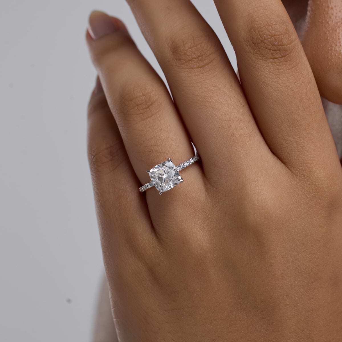 Additional Image 3 for  2 3/4 ctw Cushion Lab Grown Diamond Scalloped classic Pave Solitaire Engagement Ring with Side Accents