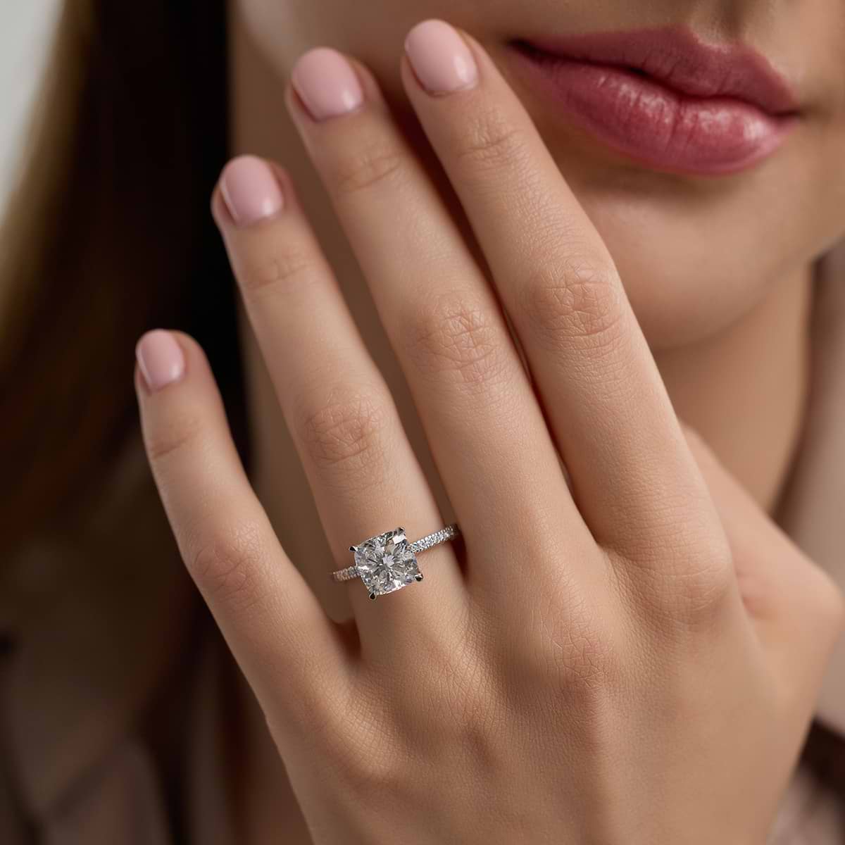 3 1/5 ctw Cushion Lab Grown Diamond Scalloped classic Pave Solitaire Engagement Ring with Side Stones 14K White Gold, F, VS2