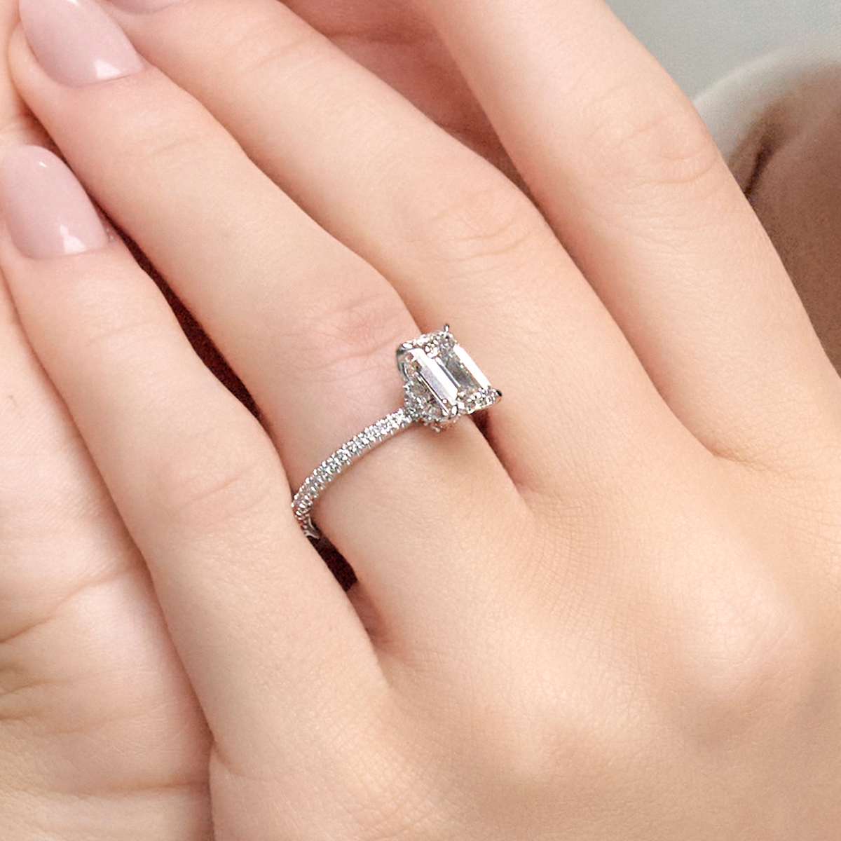 1 1/3 ctw Emerald Lab Grown Diamond Draping Hidden Halo Engagement Ring