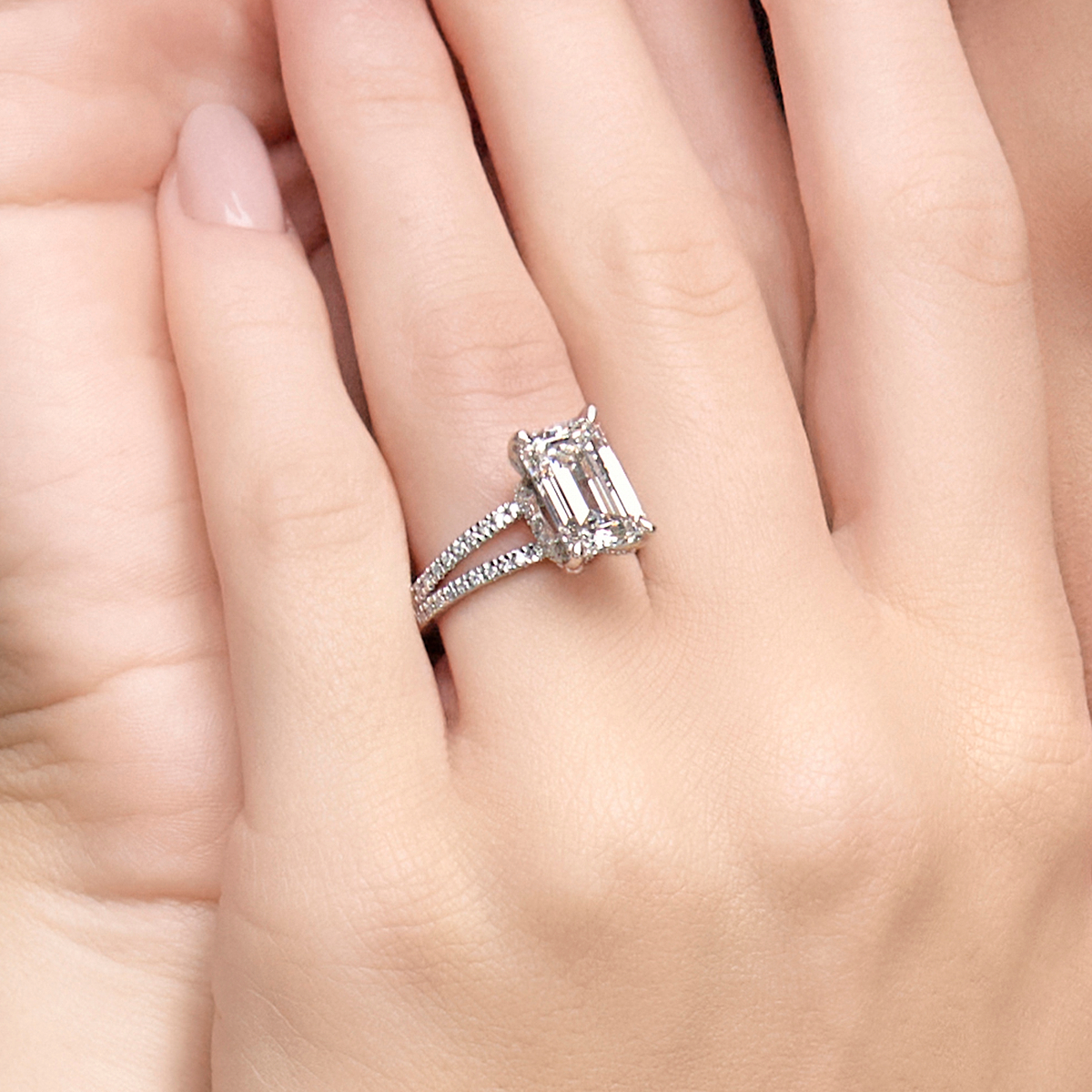 4 2/5 ctw Emerald Lab Grown Diamond Split Shank Draped Hidden Halo Engagement Ring