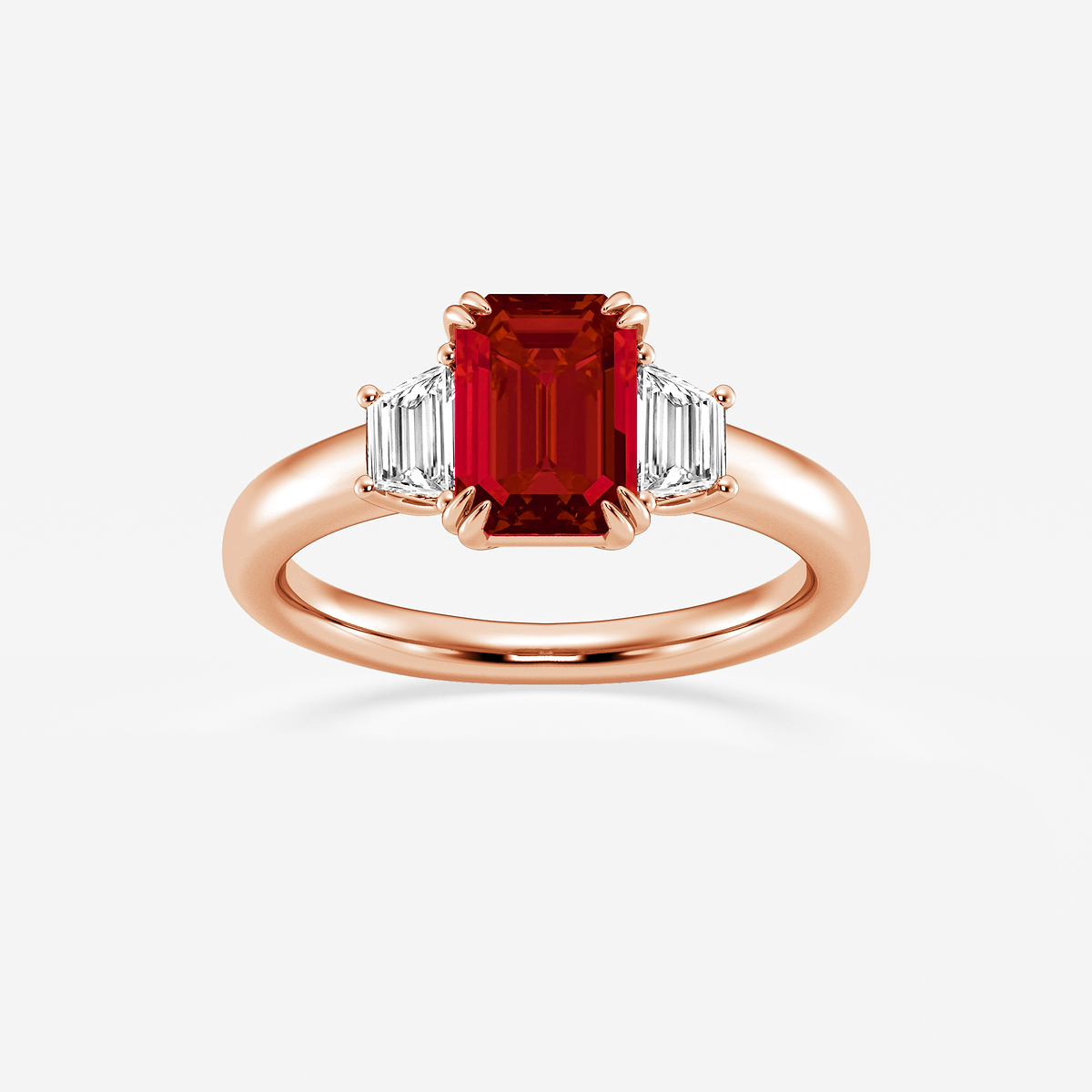 2 1/6 ctw Emerald Cut Ruby and Trapezoid Lab Grown Diamond Three-Stone Engagement Ring