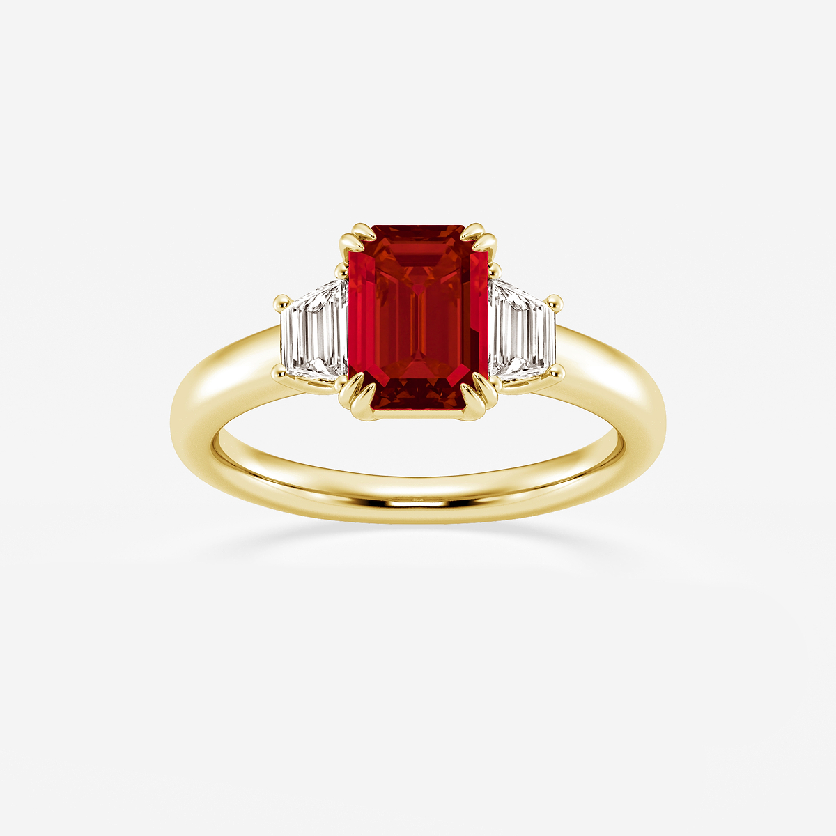 2 1/6 ctw Emerald Cut Ruby and Trapezoid Lab Grown Diamond Three-Stone Engagement Ring