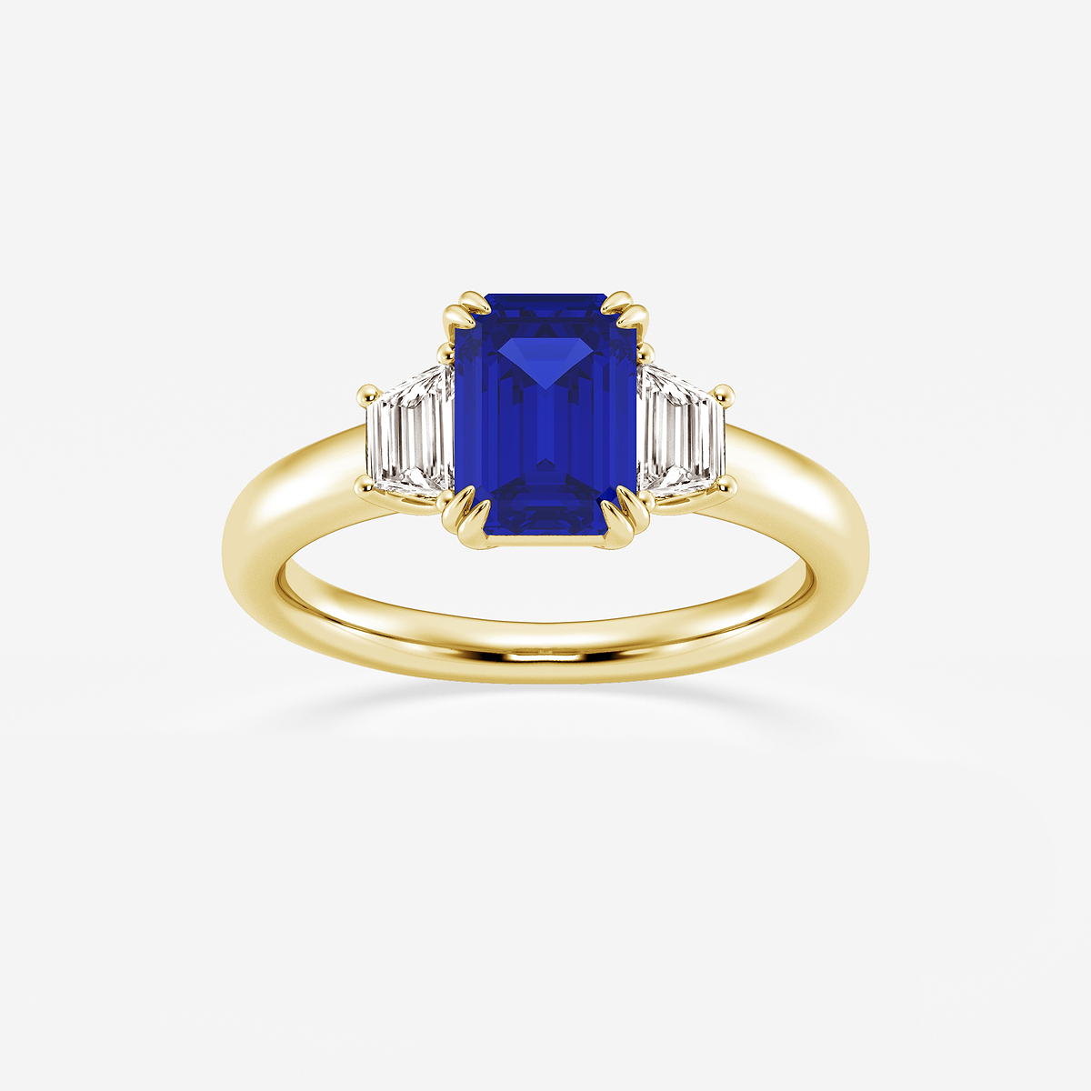 2 1/6 ctw Emerald Cut Sapphire and Trapezoid Lab Grown Diamond Three-Stone Engagement Ring