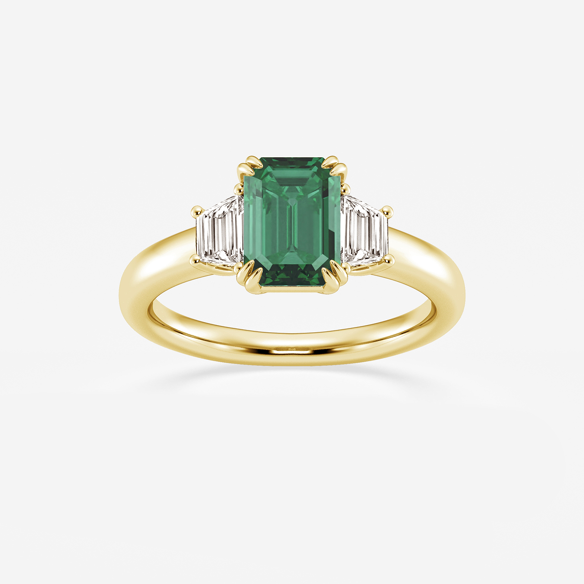 2 1/6 ctw Emerald Cut Emerald and Trapezoid Lab Grown Diamond Three-Stone Engagement Ring