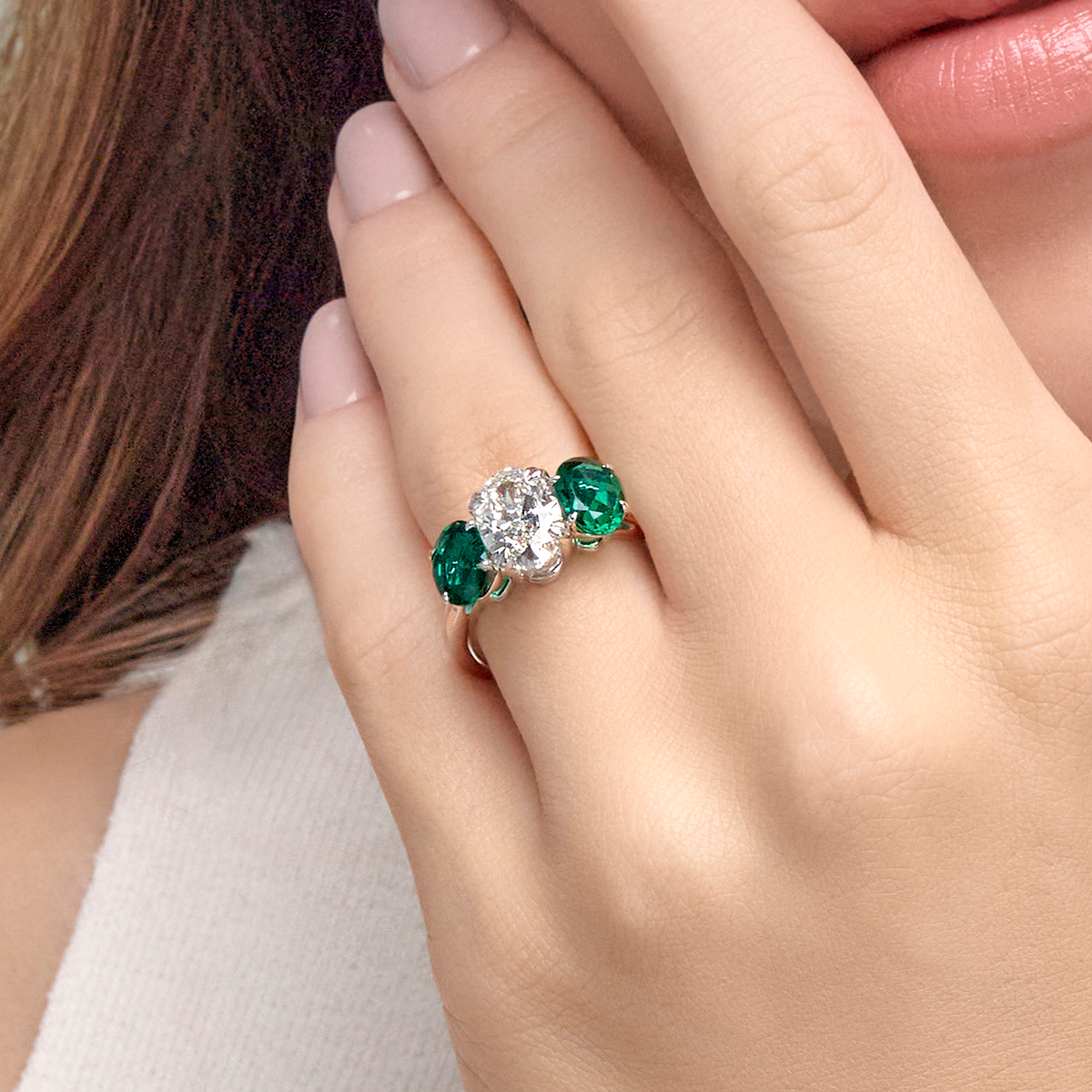 2 7/8 ctw Oval Lab Grown Diamond and Oval Cut Emerald Three-Stone Hidden Halo Engagement Ring
