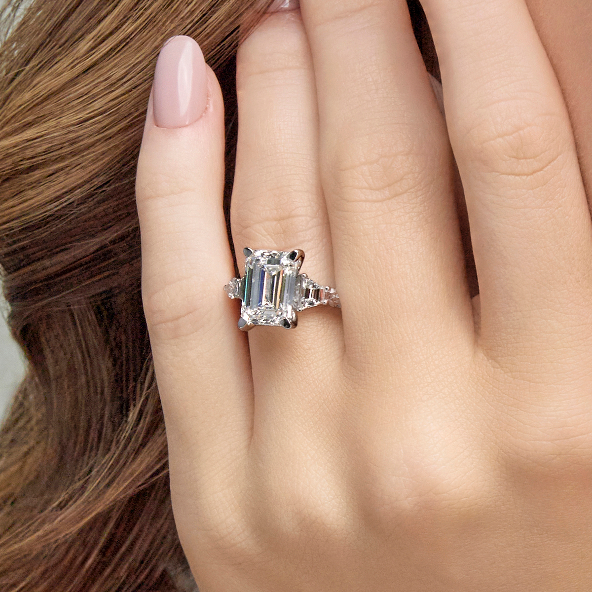 5 1/4 ctw Emerald Lab Grown Diamond Trapezoid and Pear Side Stone Bridal Set 14K White Gold, E, VS1
