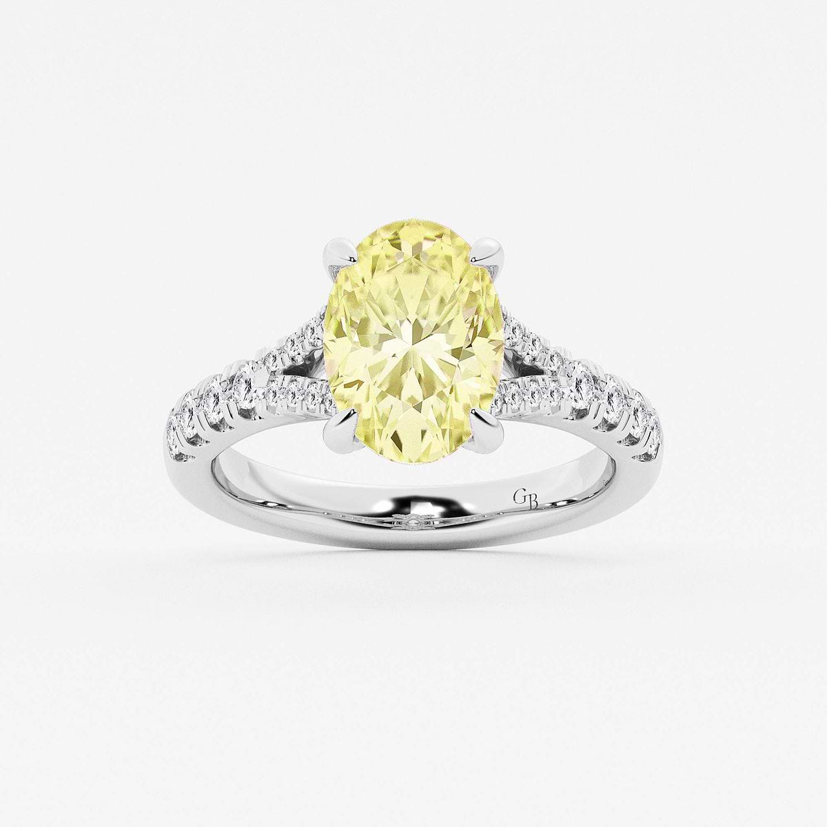 3 1/2 ctw Fancy Yellow Oval Lab Grown Diamond Split Shank Side Stone Engagement Ring